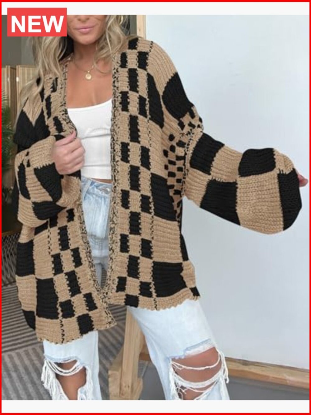 Long Sleeve Open Front Chunky Knit Checkered Cardigan Sweater for Women - Picture 3 of 7